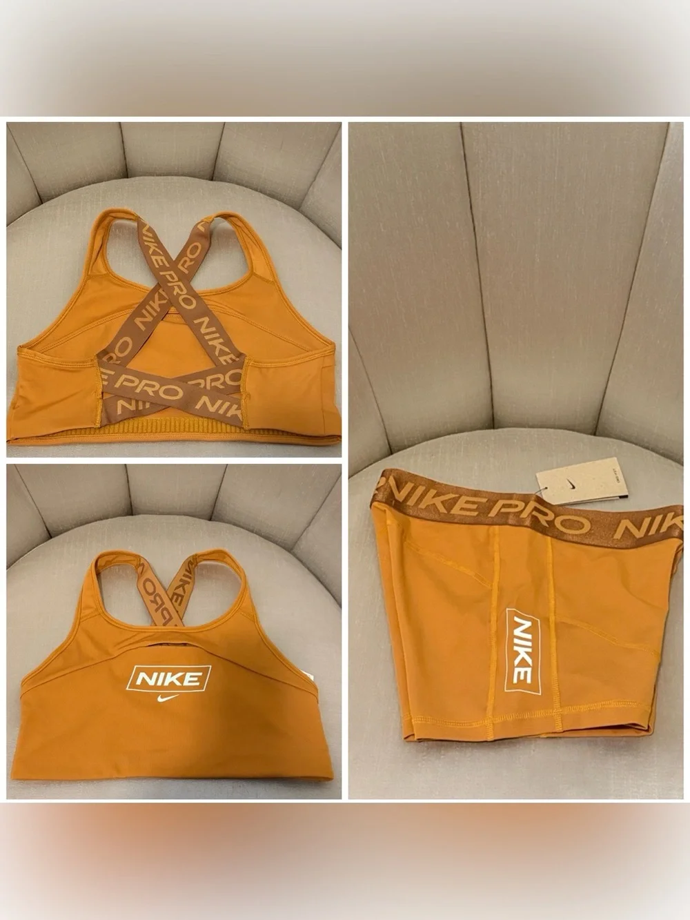 Nike Pro Matching Set Bronze Gold Cross Back Sports Bra L & Shorts M